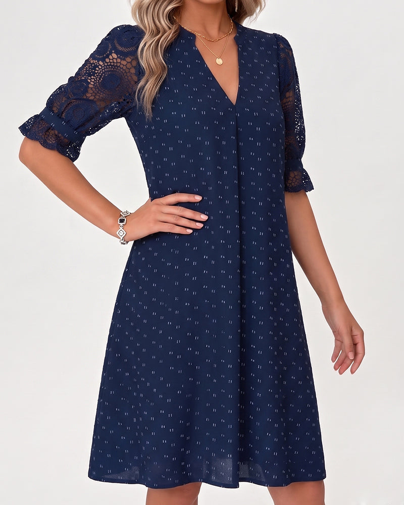 V-Neck Print Lace Patchwork A-Line Dress