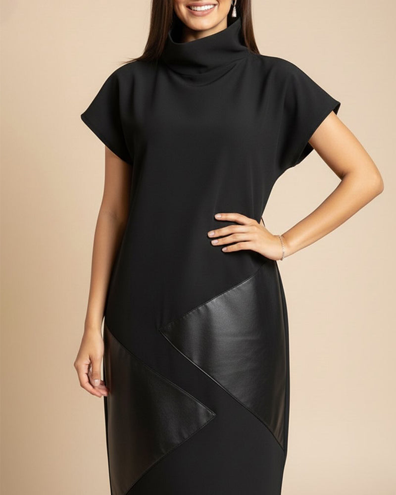 High Collar Pu Patchwork Short Sleeve Dress