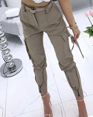 Solid Color Zipper Cargo Pants