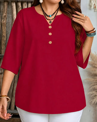 V-Neck Button Solid Three-Quarter Sleeve Blouse