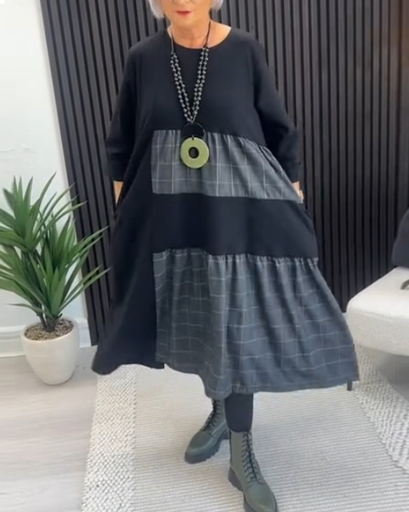 Casual plaid patchwork pocket dress