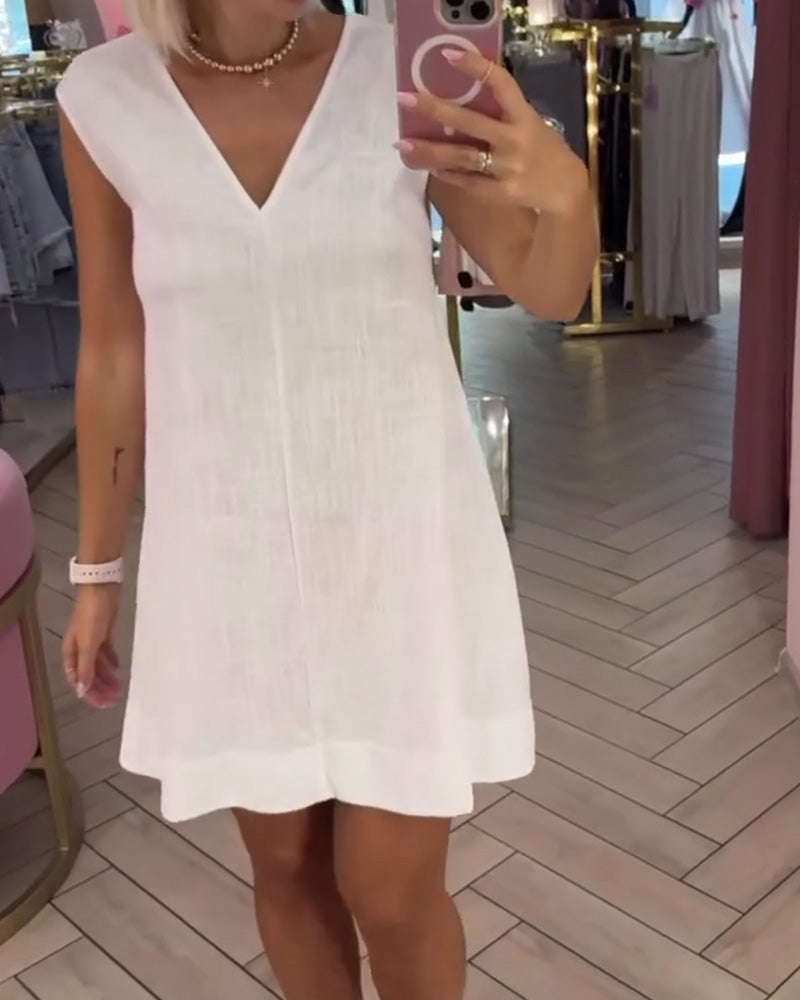 Solid Color Sleeveless V-Neck Short Dress