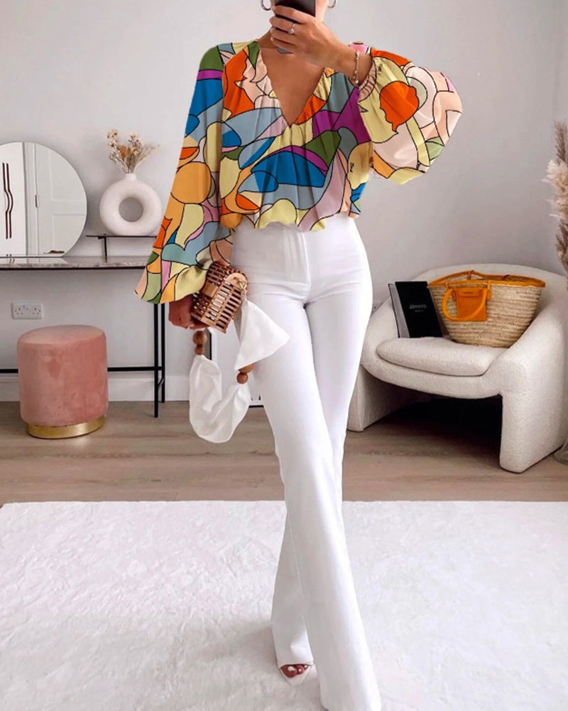 Colorful printed V-neck lantern sleeves blouse
