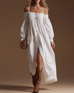 Solid Long Sleeve Slit Slip Dress