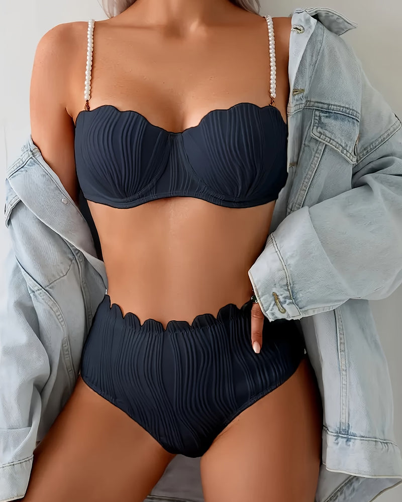 Pearl Strap Textured Scalloped Edge Bowknot Bikini