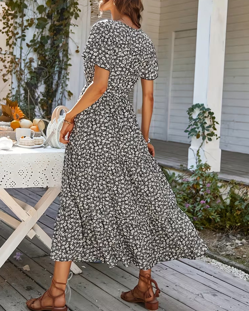 V-Neck Floral Slit Long Dress