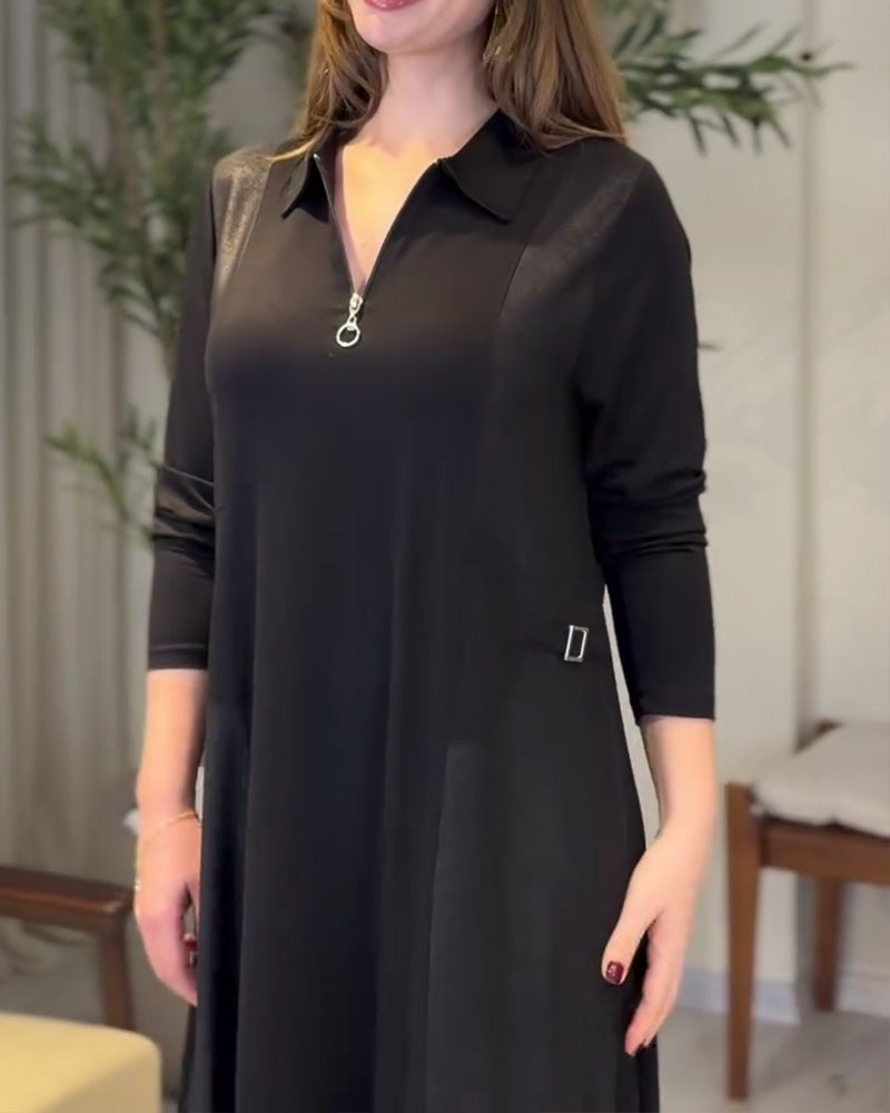 Solid Color Zipper Lapel Dress