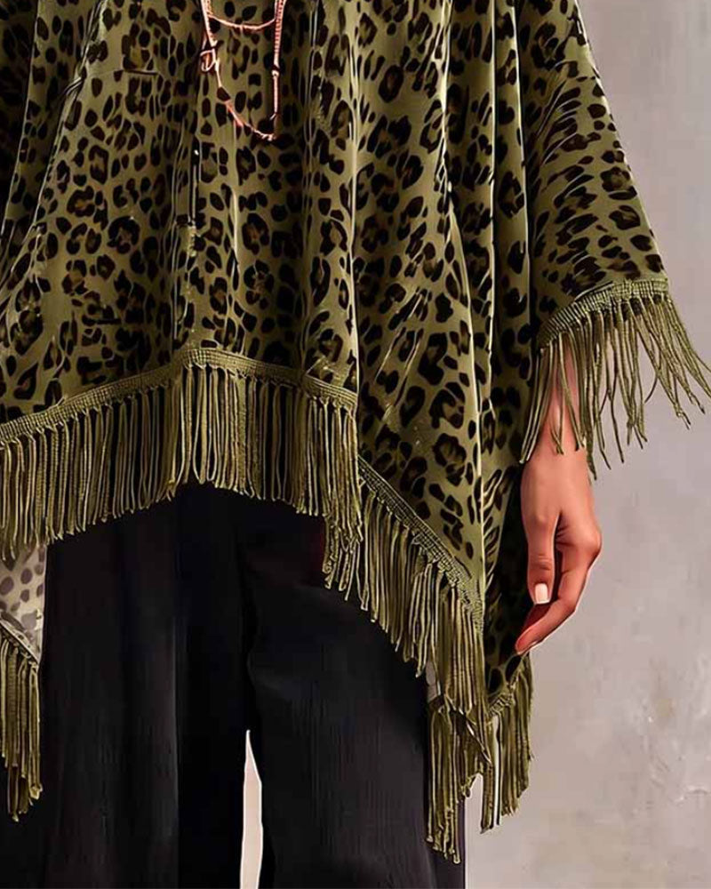 Batwing Fringe Leopard Print Loose Velvet Blouse
