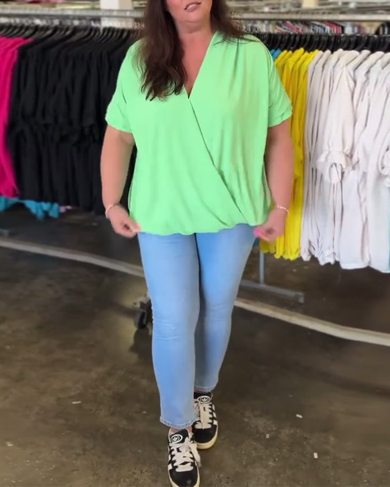 V-neck ruffle trim solid color casual blouse