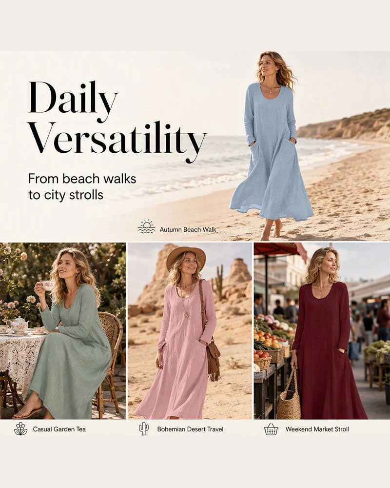 Solid Long Sleeve Crew Neck Dress