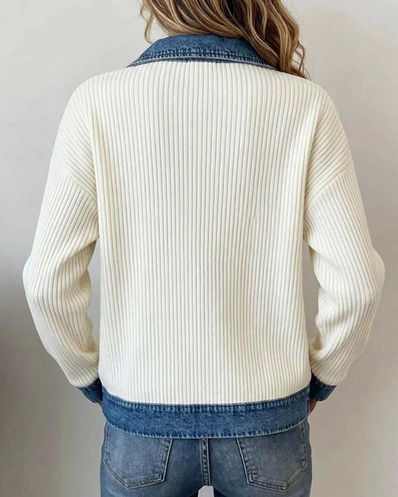 Lapel Zipper Denim Panel Coat