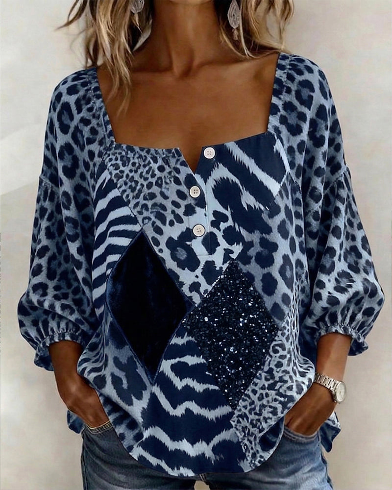 Square Neck Leopard Print Patchwork Sequin Blouse