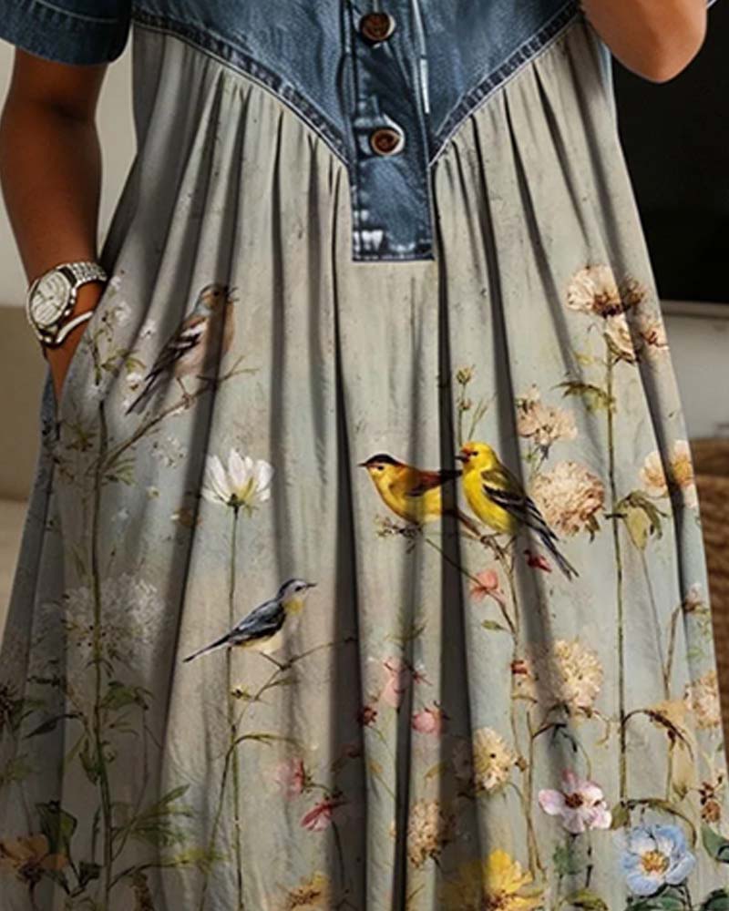 Shirt Collar Floral Denim Patchwork Dress