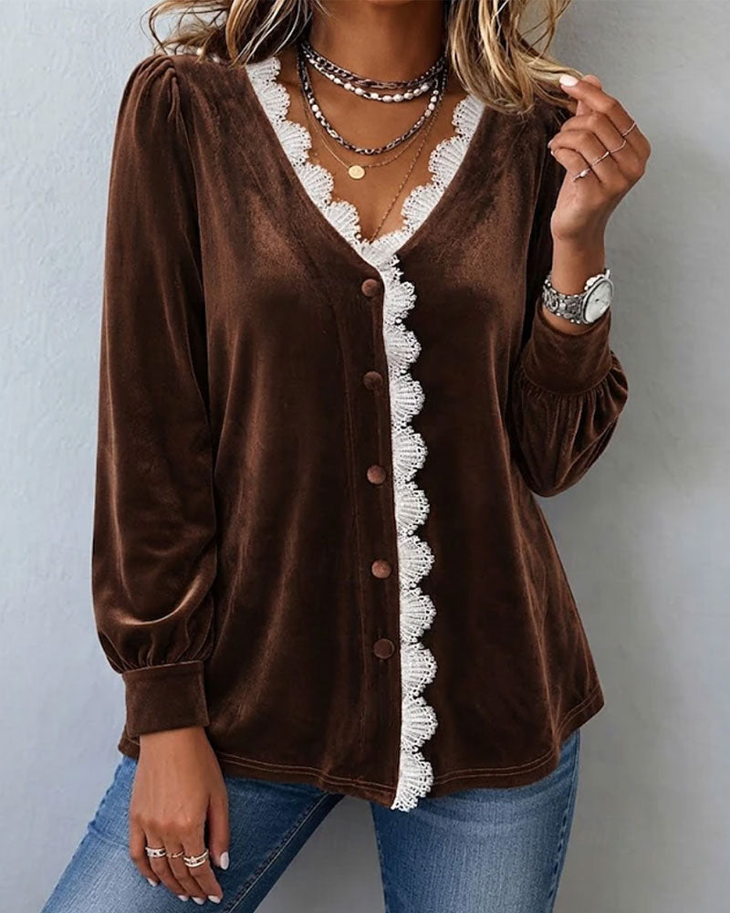 Velvet Lace Spliced Blouse