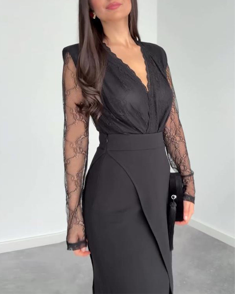 V-Neck Lace & Asymmetric Midi Skirt Set