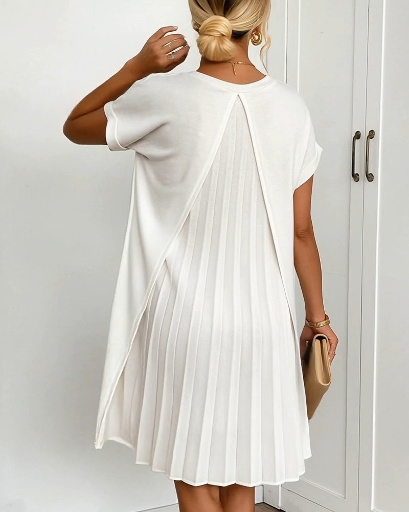 Pleated Short-Sleeved V-Neck Dress