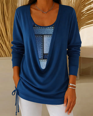 Lace-up fake two-piece long-sleeved Top