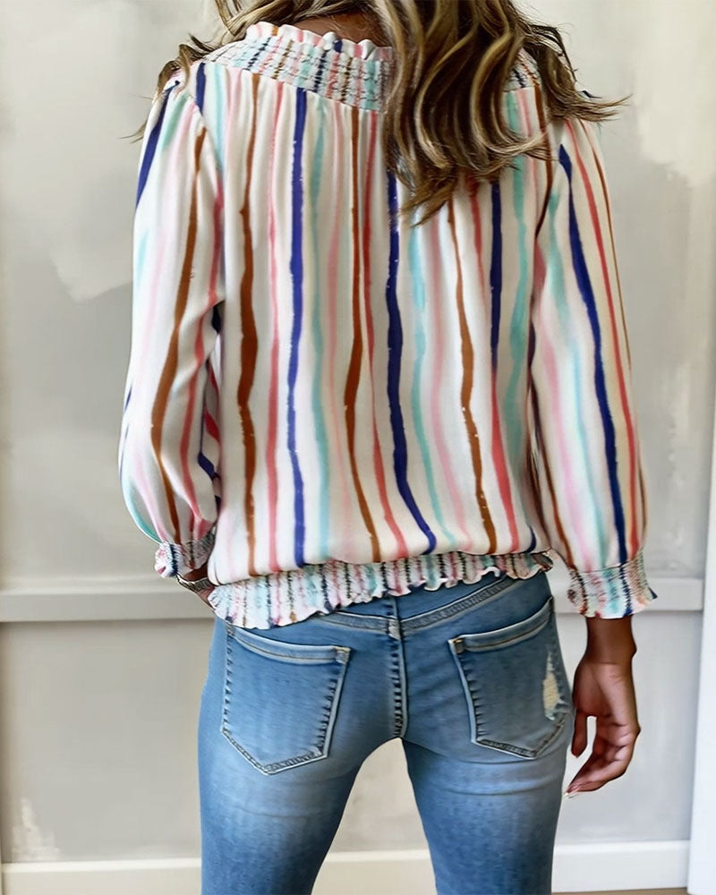Color Block Stripe Drawstring Blouse