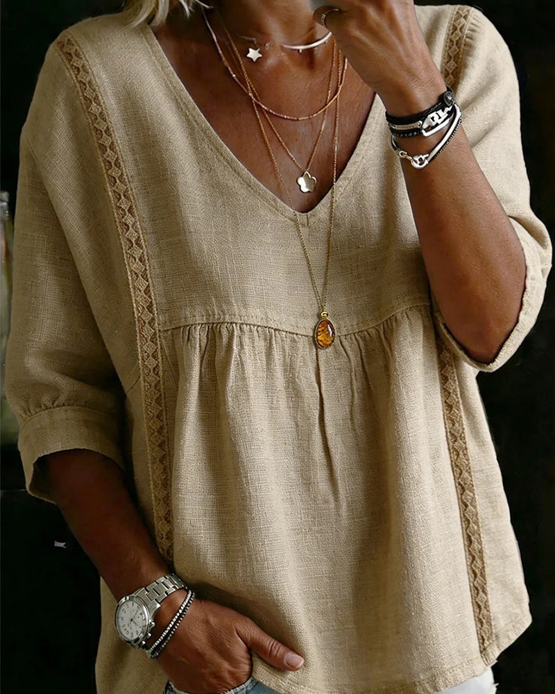 Ruffle Trim V-Neck Elbow-Length Sleeve Blouse