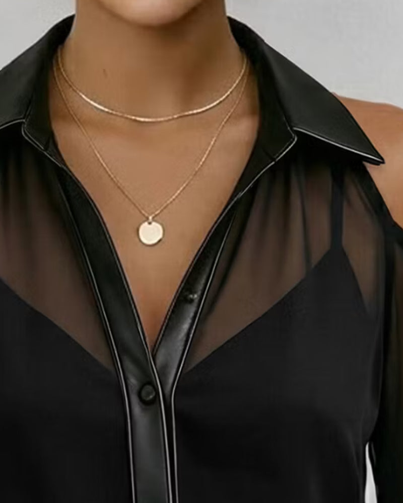 Lapel Button-Down Cold Shoulder Tulle Top