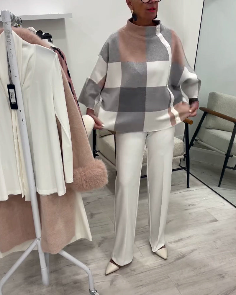 Plaid Long-Sleeved Turtleneck Pullover