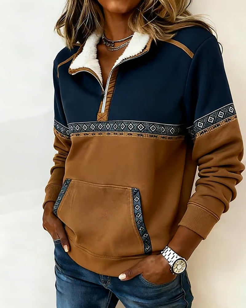 Retro Color-Blocked Fur Collar Sweatshirt