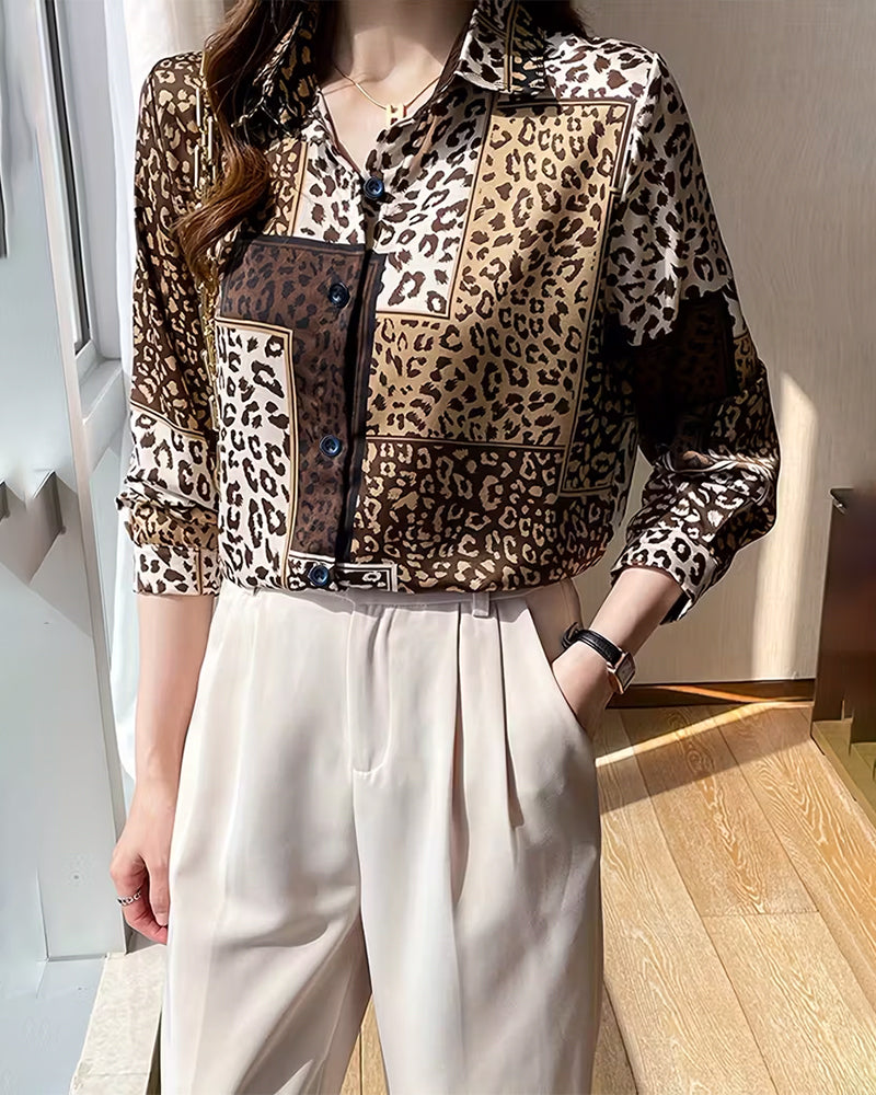 Collared Color-Blocked Leopard Print Shirt