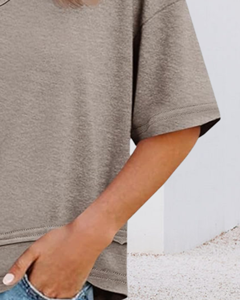 Solid V-Neck Patchwork Hem Blouses