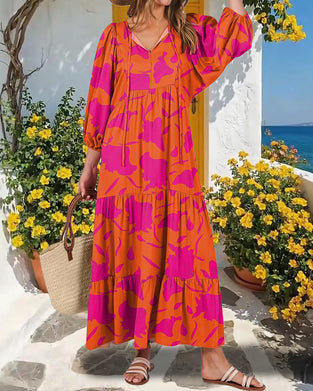 V-Neck Printed Lantern-Sleeve Maxi Dress