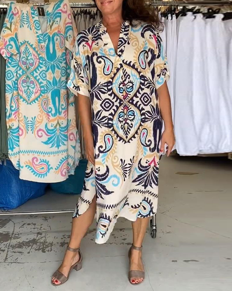 V-neck half-sleeved bohemian loose dress