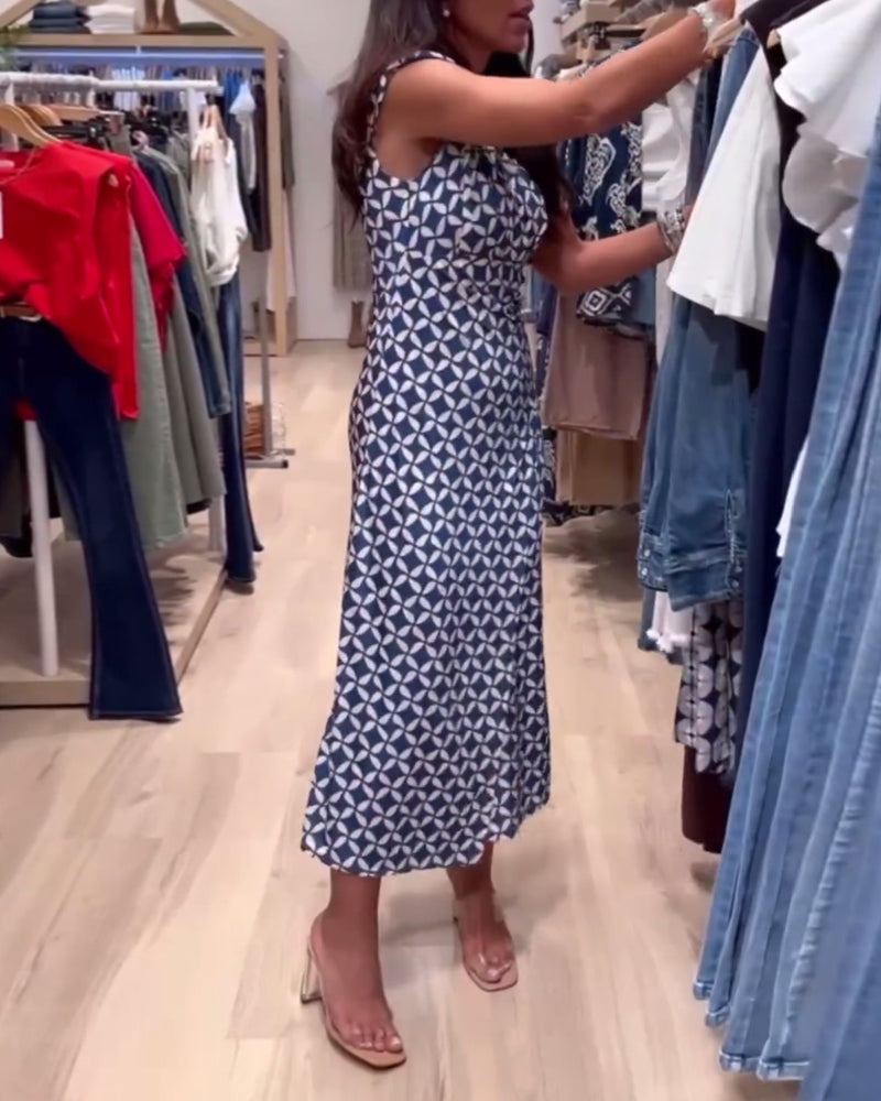 Geometric print round neck sleeveless elegant dress