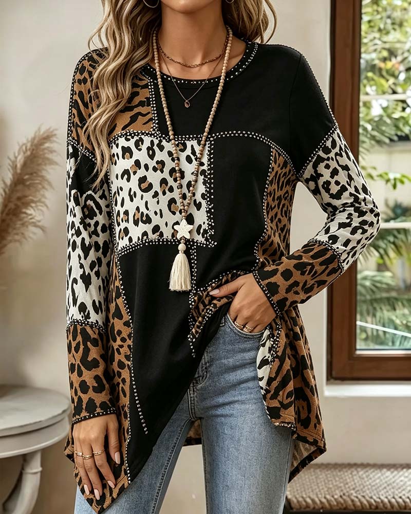 Leopard Print Patchwork Irregular Blouse