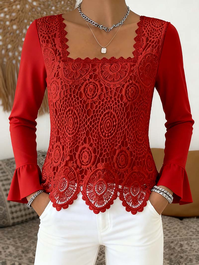 Crocheted Wide-Neck Patchwork Blouse