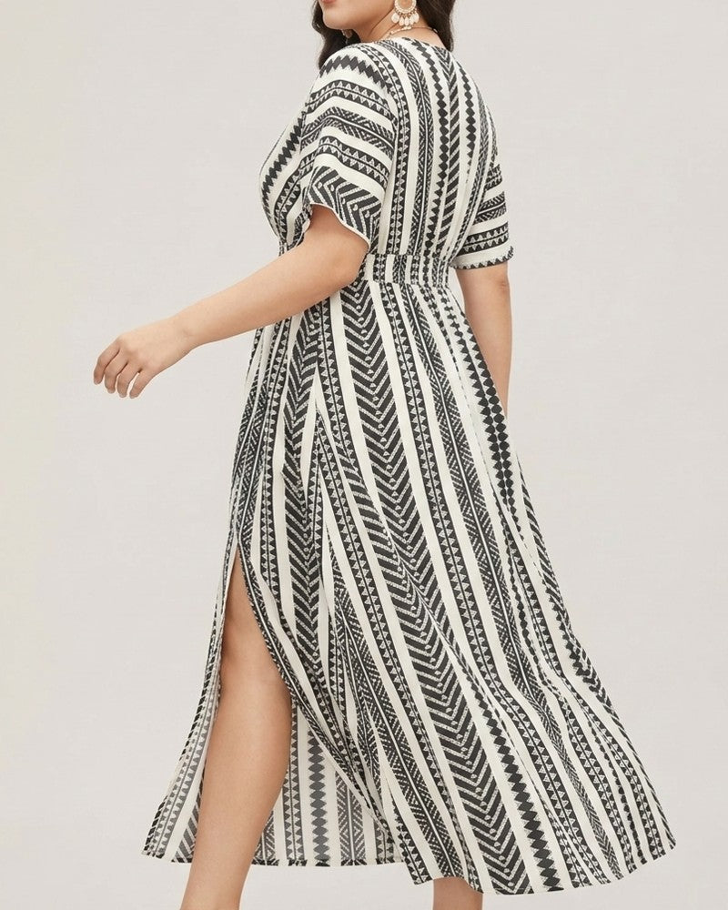 Deep V Blue White Geometric Stripe Waist Dress
