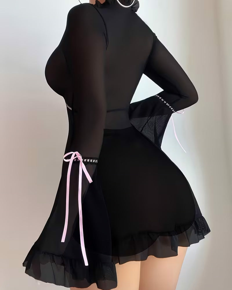 Long Sleeve Lace-Up See-Through Sleep Dress
