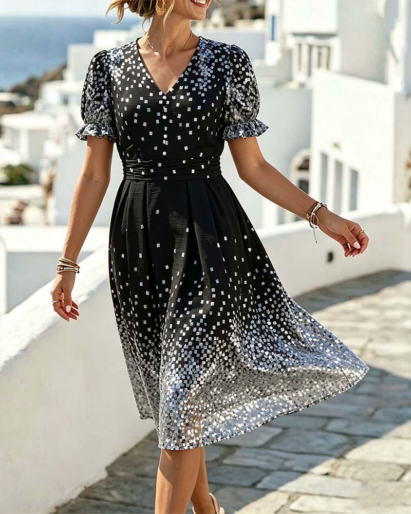 V-Neck Waist Bubble Sleeve Dress