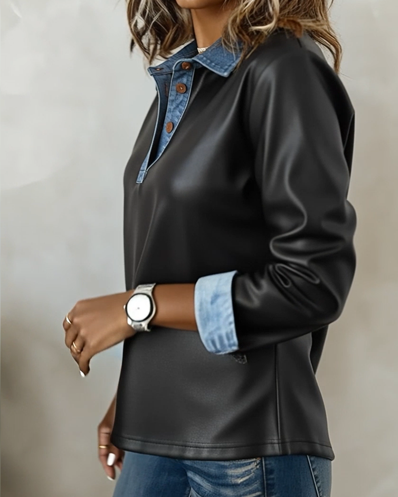 Casual Collared Leather Patchwork Top