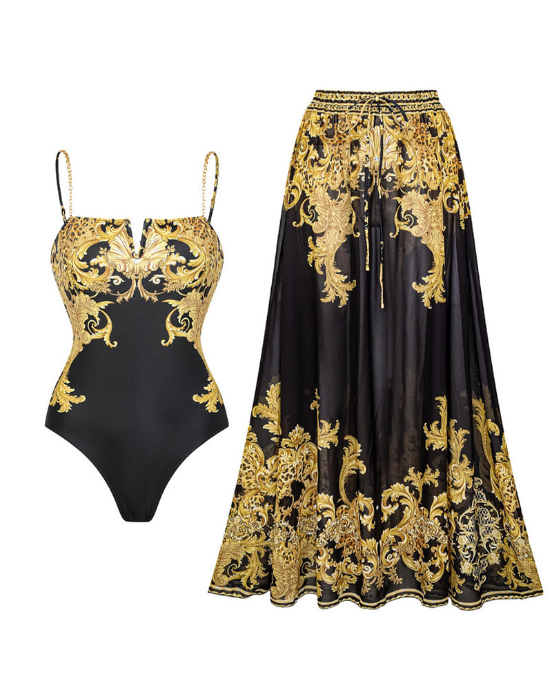 Vintage Printed Mesh Sun Protection Swimsuit