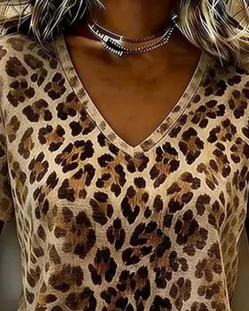 V-Neck Leopard Print Gradient Short-Sleeve T-Shirt