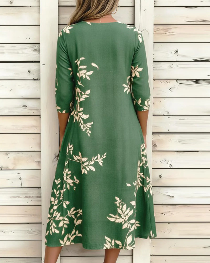 Botanical Print Button Shirred Dress