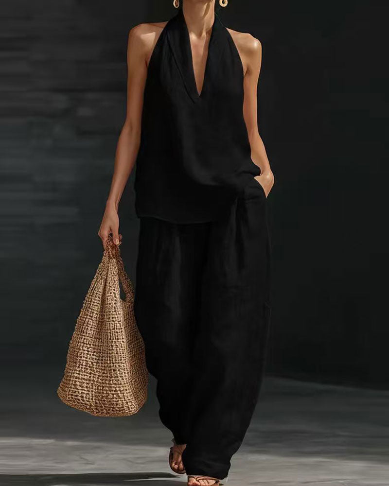 Linen Halter Neck Sleeveless Wide-Leg Pants Set