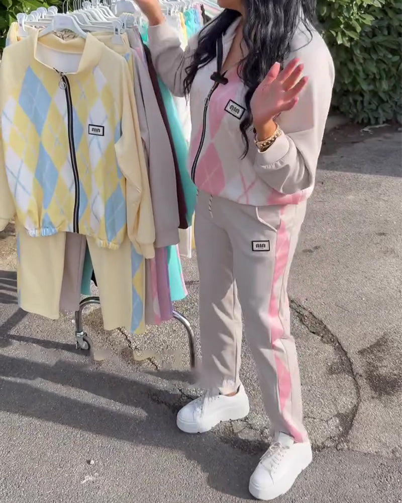 Plaid Zip-Up Top And Trousers Two-Piece Set