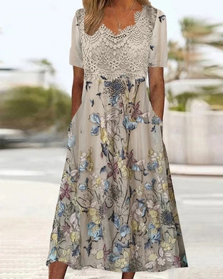 Lace Patchwork Floral Bird Print Dress
