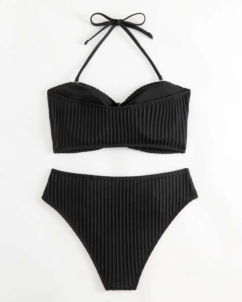 Halter Solid Color Striped Swimsuit