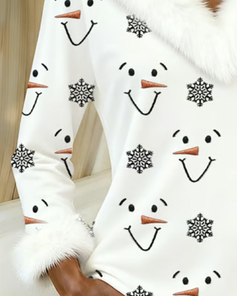 Fashionable Printed Fur Collar Top