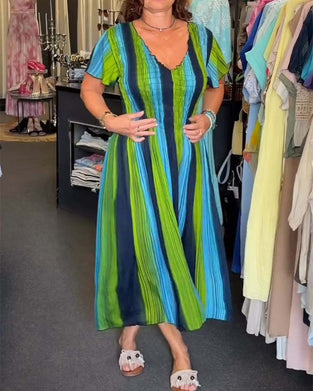 Vertical Stripe V-Neck Colorful Dress
