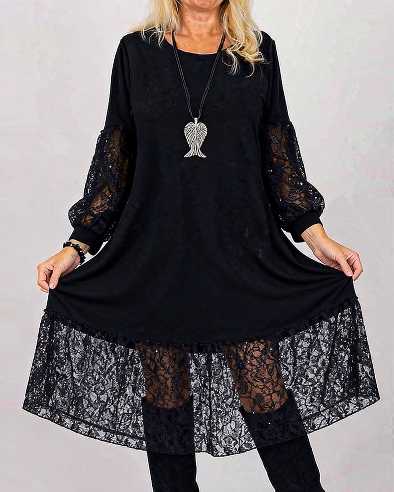 Round Neck Lace Patchwork Loose Dress