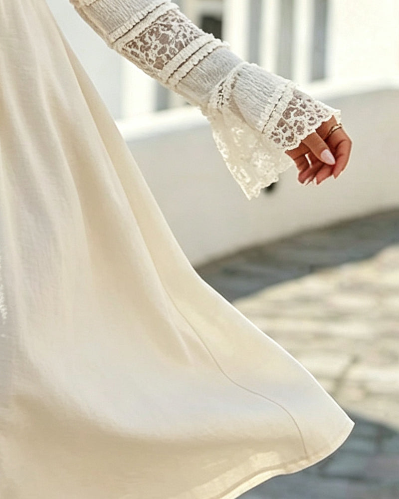 Solid Color V-Neck Lace Patchwork Dress