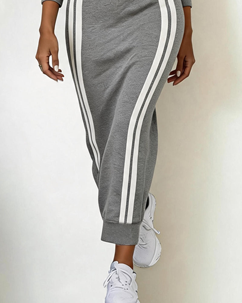 Lapel Zipper Striped Fitted Dress