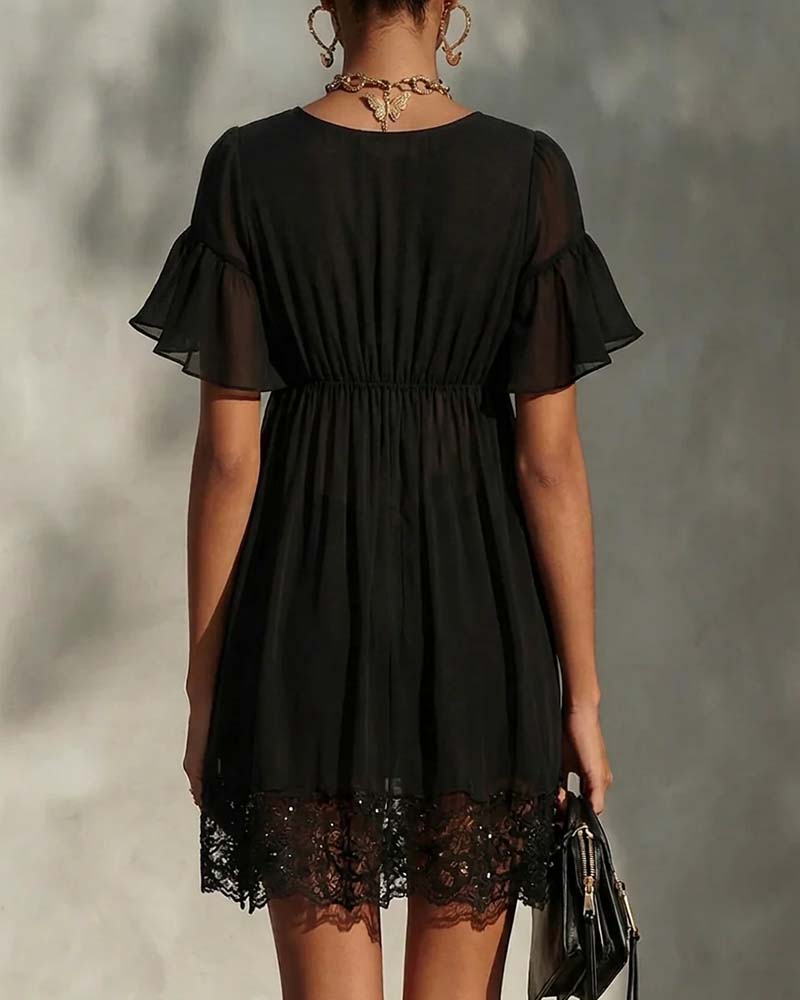 Ruffle Flare Sleeve Zipper Lace Dress